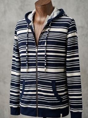 [Quiksilver] Navy/White Striped Cotton Blend Zip Up Long Sleeve  Hoodie Large